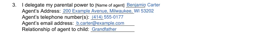 Wisconsin power of attorney delegating parental power (court form GF-223): 3. Agent, filled with sample entries