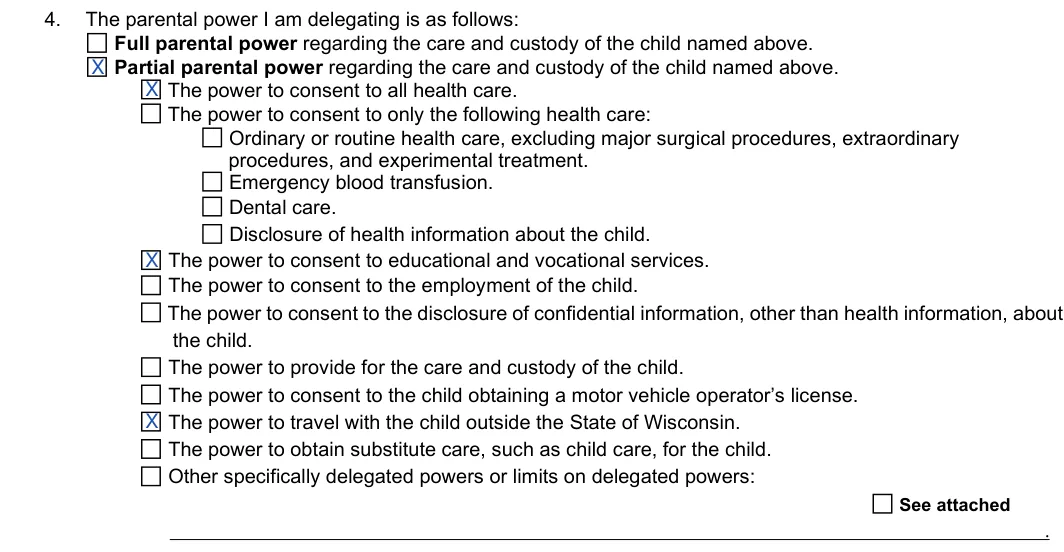 Wisconsin power of attorney delegating parental power (court form GF-223): 4. Parental power delegated, filled with sample entries