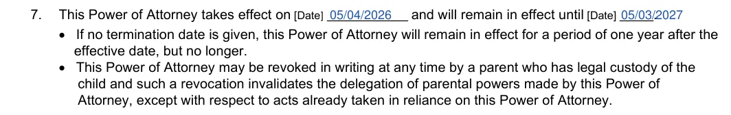 Wisconsin power of attorney delegating parental power (court form GF-223): 7. Effective date and term, filled with sample entries