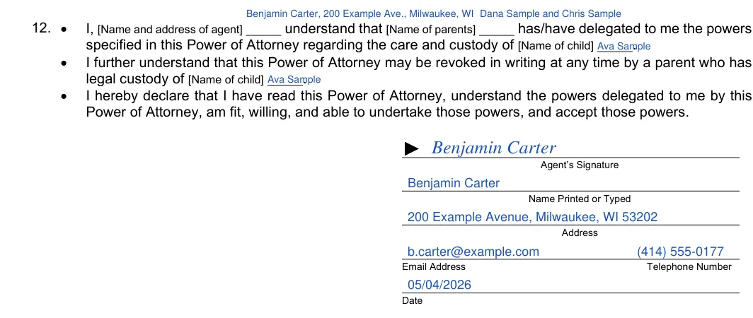 Wisconsin power of attorney delegating parental power (court form GF-223): 12. Agent's statement and signature, filled with sample entries