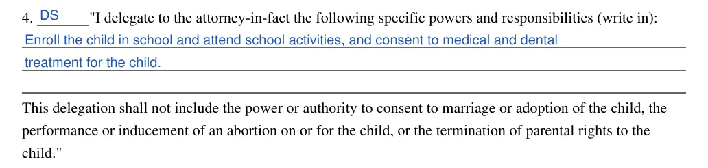 Oklahoma statutory power of attorney to delegate parental or legal custodian powers (10 O.S. 701): 4. Specific powers and responsibilities (write in), filled with sample entries