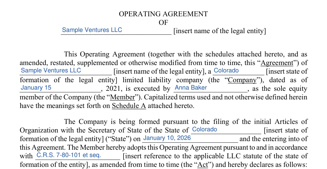 Colorado LLC operating agreement: preamble, filled with sample entries