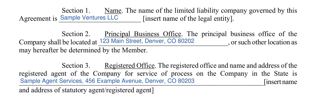 Colorado LLC operating agreement: sections 1 to 3 name office and registered agent, filled with sample entries