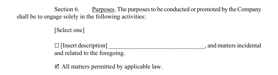 Colorado LLC operating agreement: section 6 purposes, filled with sample entries