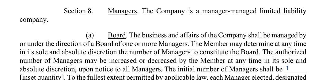 Colorado LLC operating agreement: section 8 managers, filled with sample entries