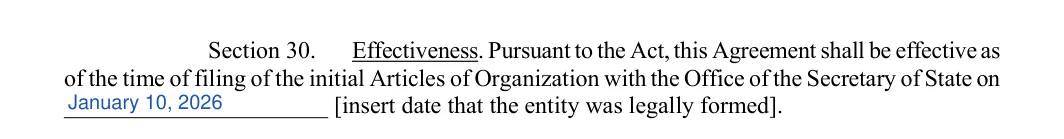 Colorado LLC operating agreement: section 30 effectiveness, filled with sample entries