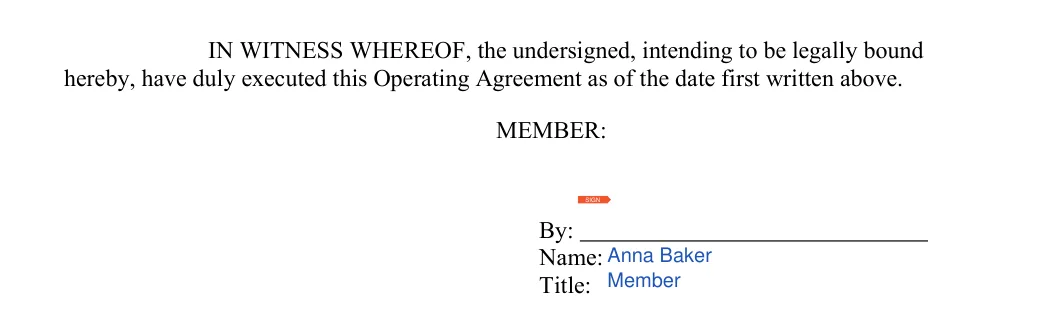Colorado LLC operating agreement: signature block, filled with sample entries