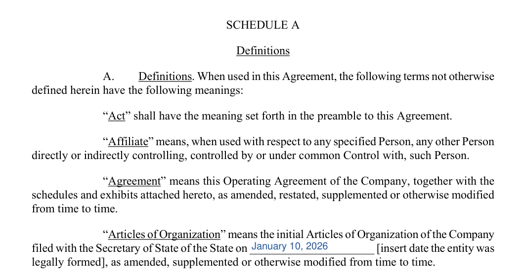 Colorado LLC operating agreement: schedule a definitions, filled with sample entries