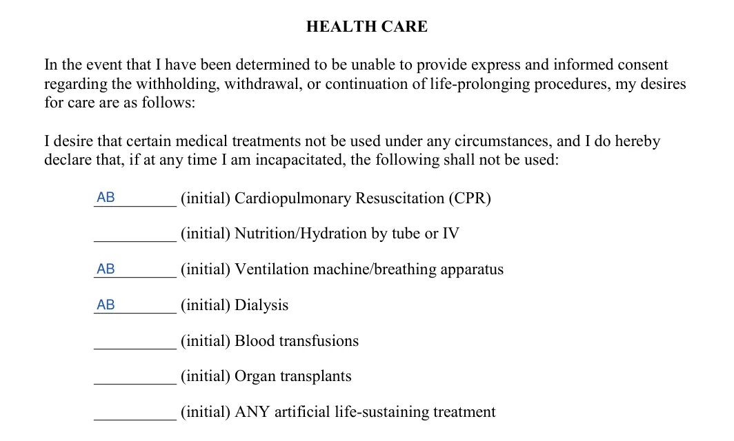 Connecticut living will: health care treatments to refuse, filled with sample entries