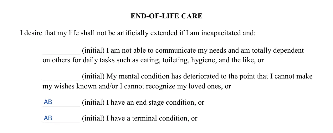 Connecticut living will: end of life care conditions, filled with sample entries