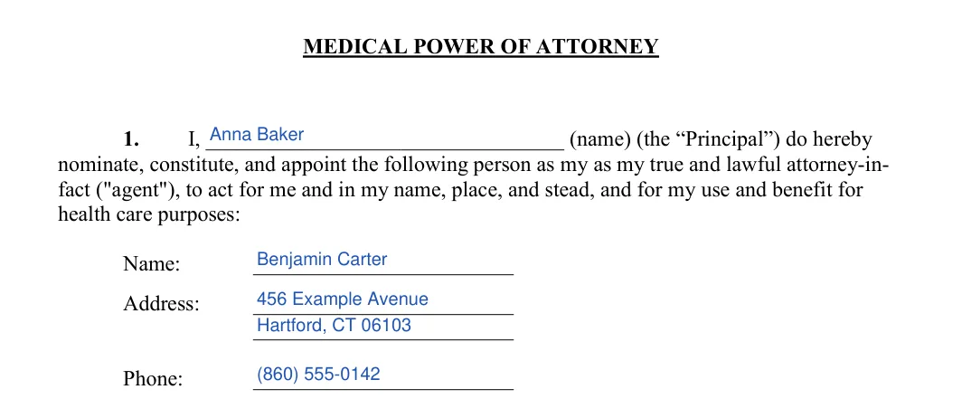 Connecticut living will: health care agent, filled with sample entries