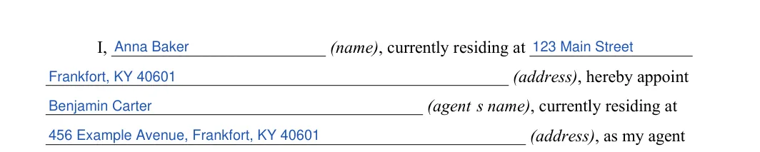 Kentucky durable power of attorney: principal and agent, filled with sample entries