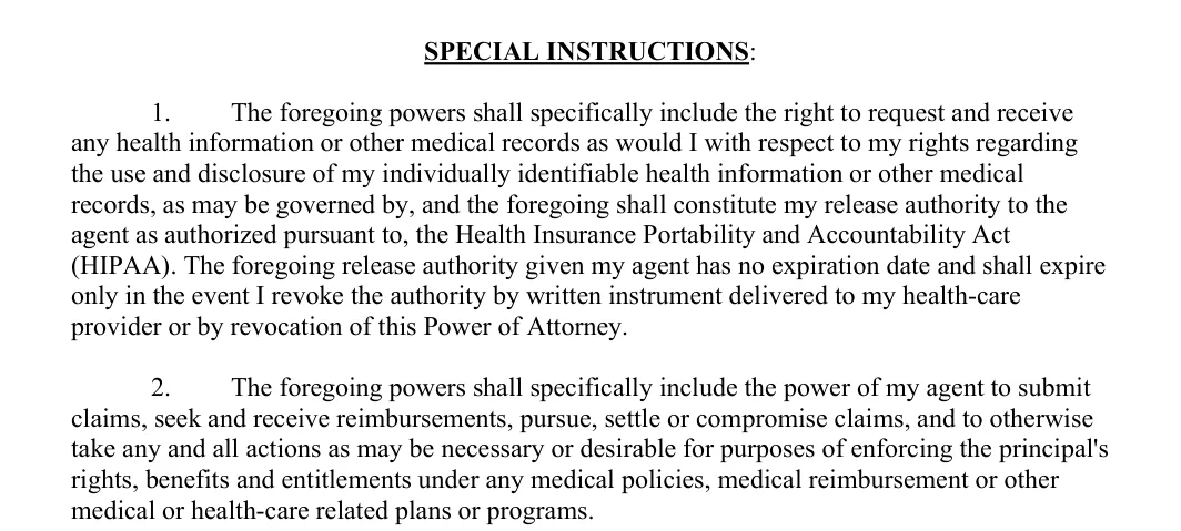 Kentucky durable power of attorney: special instructions, filled with sample entries