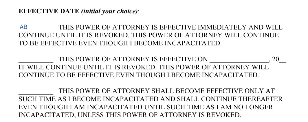 Kentucky durable power of attorney: effective date, filled with sample entries