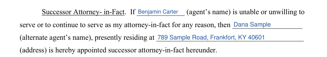Kentucky durable power of attorney: successor agent, filled with sample entries