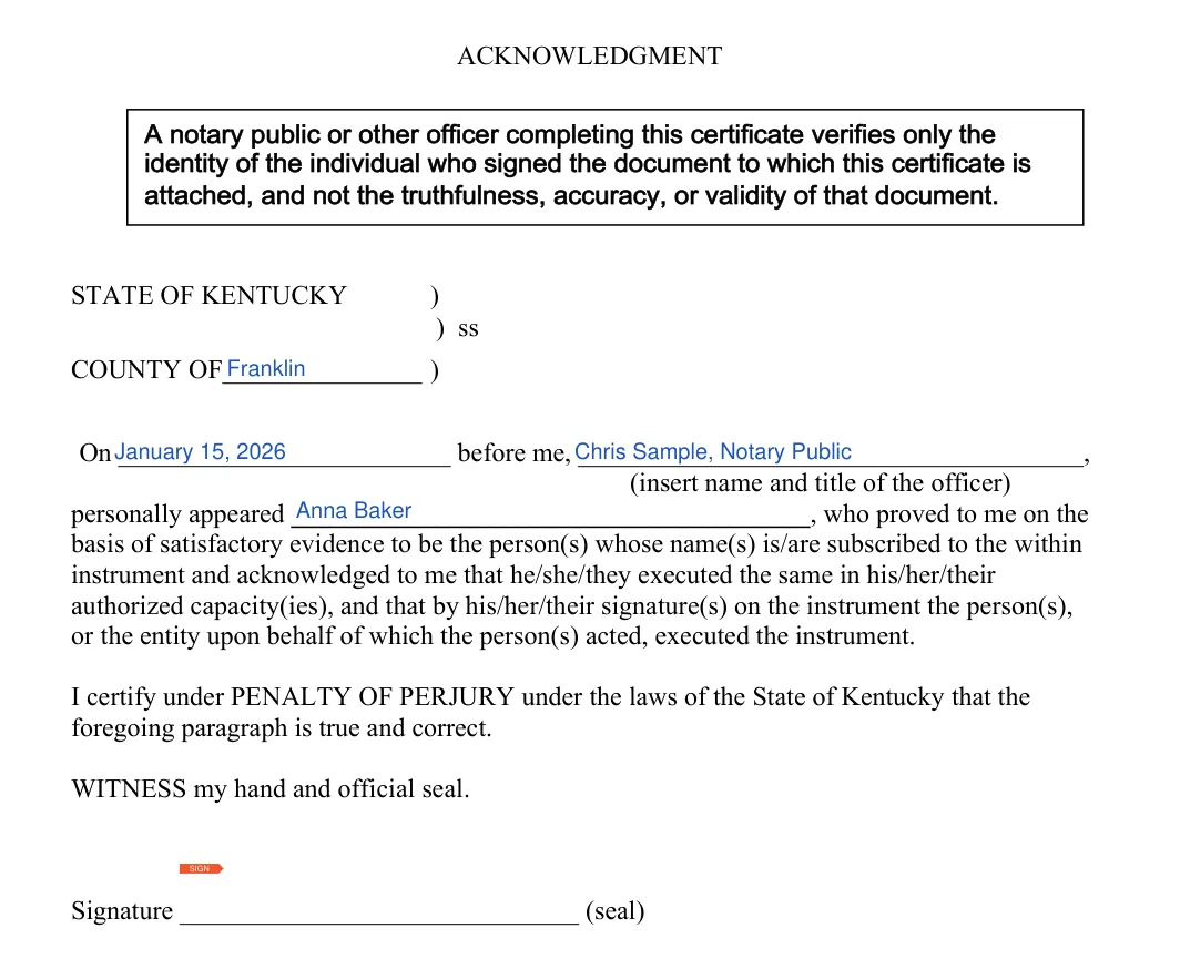Kentucky durable power of attorney: notary acknowledgment, filled with sample entries