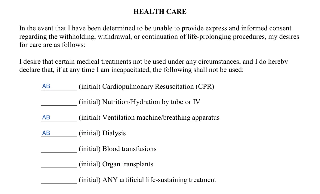 Kentucky living will: health care treatments to refuse, filled with sample entries