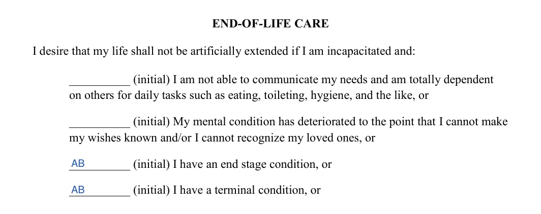 Kentucky living will: end of life care conditions, filled with sample entries