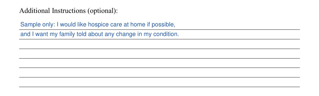 Kentucky living will: additional instructions, filled with sample entries