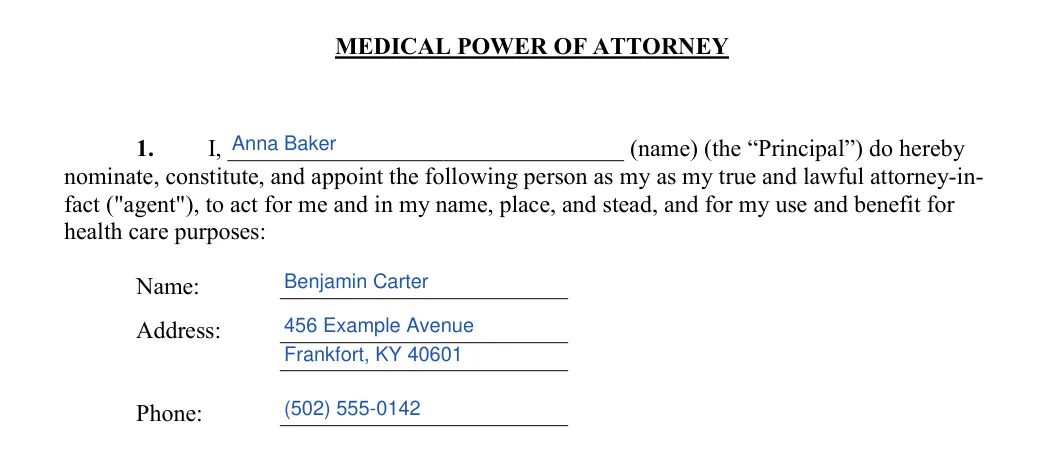 Kentucky living will: health care agent, filled with sample entries