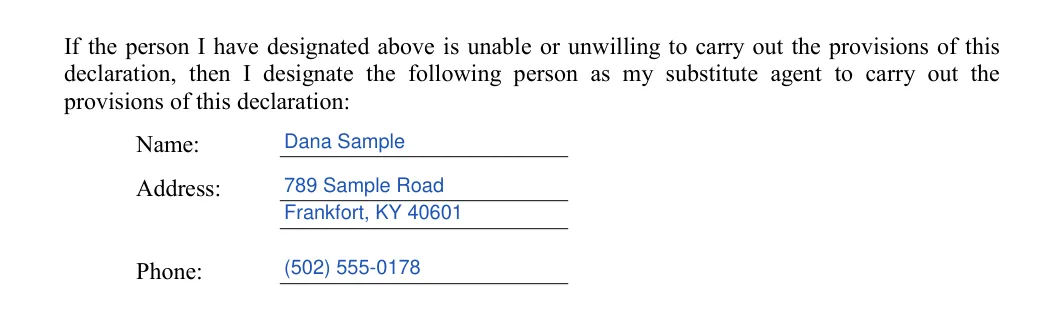 Kentucky living will: substitute agent, filled with sample entries