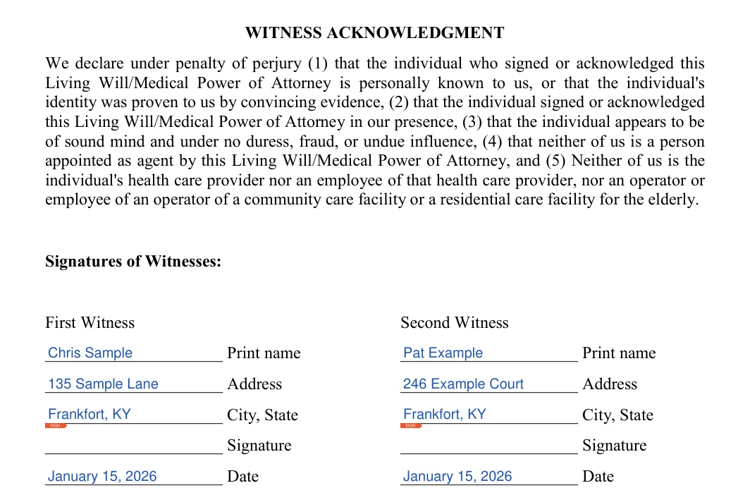 Kentucky living will: witness acknowledgment, filled with sample entries