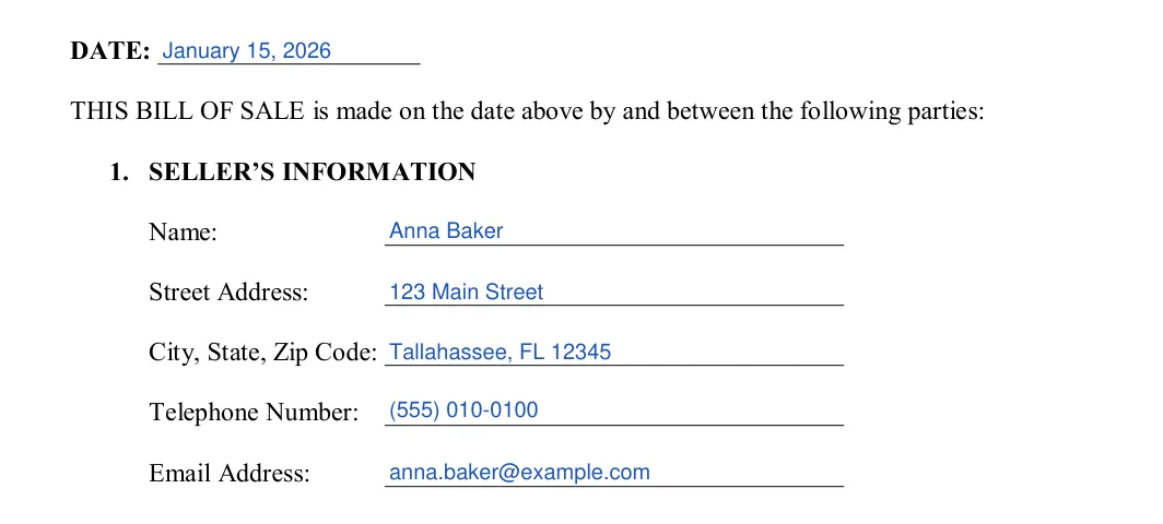 Florida motor vehicle bill of sale: date and seller's information, filled with sample entries