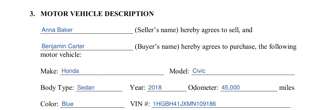 Florida motor vehicle bill of sale: motor vehicle description, filled with sample entries