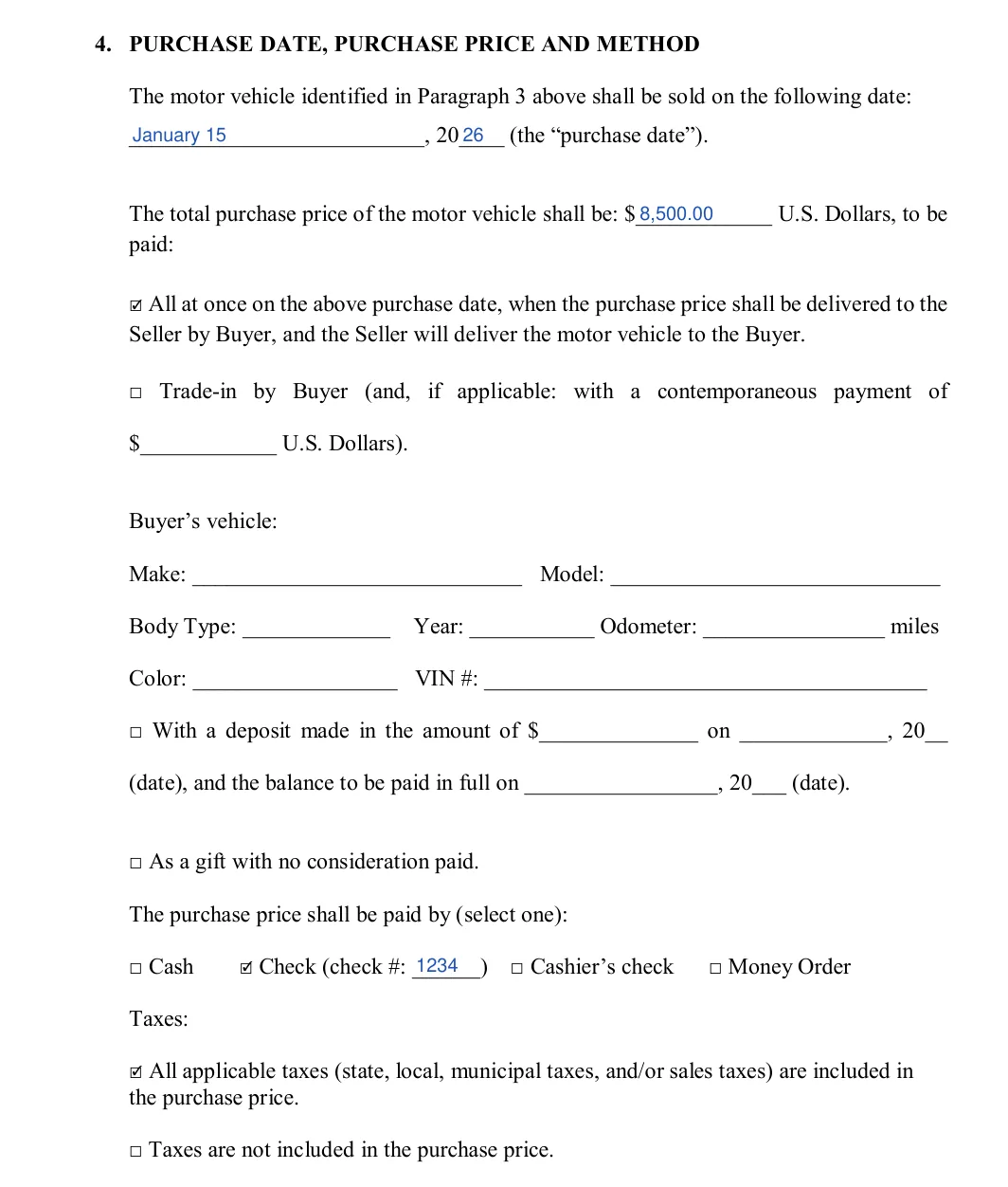 Florida motor vehicle bill of sale: purchase date and price, how the price is paid, payment method and taxes, filled with sample entries