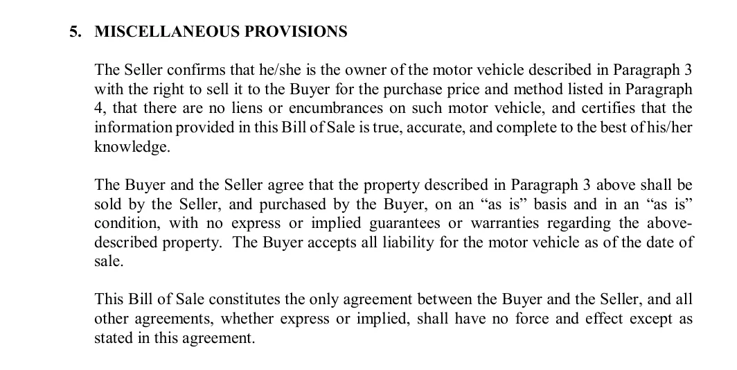 Florida motor vehicle bill of sale: miscellaneous provisions