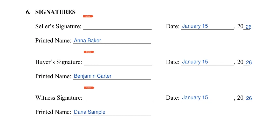 Florida motor vehicle bill of sale: signatures, filled with sample entries