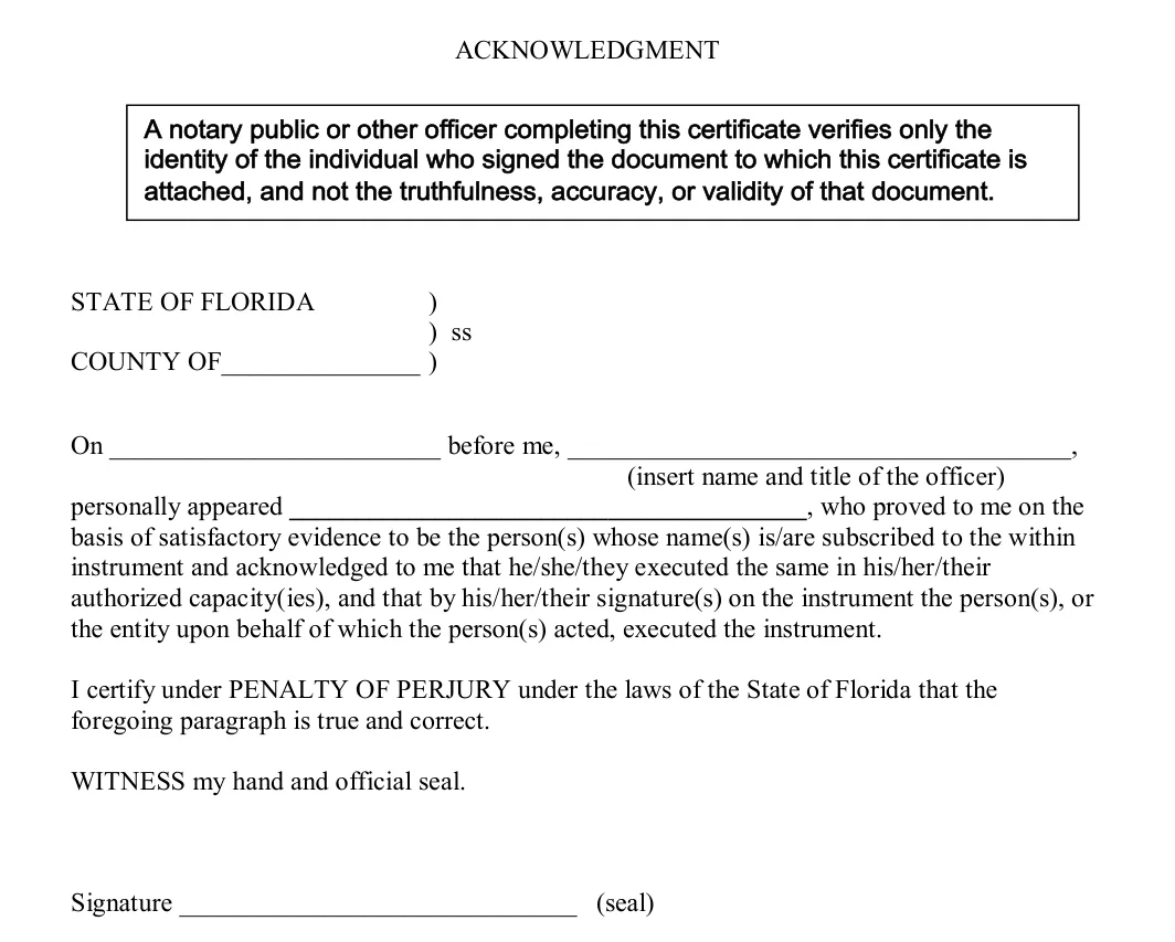 Florida motor vehicle bill of sale: notary acknowledgment