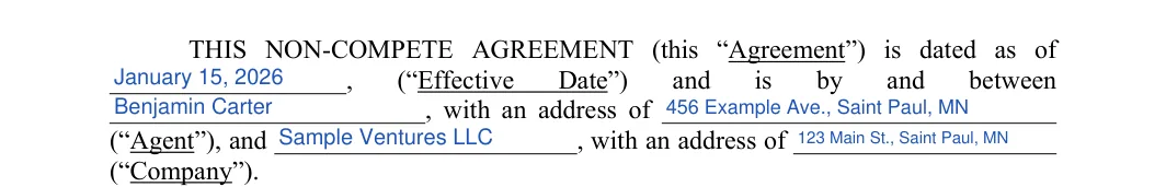 Minnesota non-compete agreement: parties and effective date, filled with sample entries