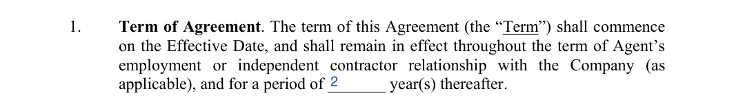 Minnesota non-compete agreement: term of agreement, filled with sample entries
