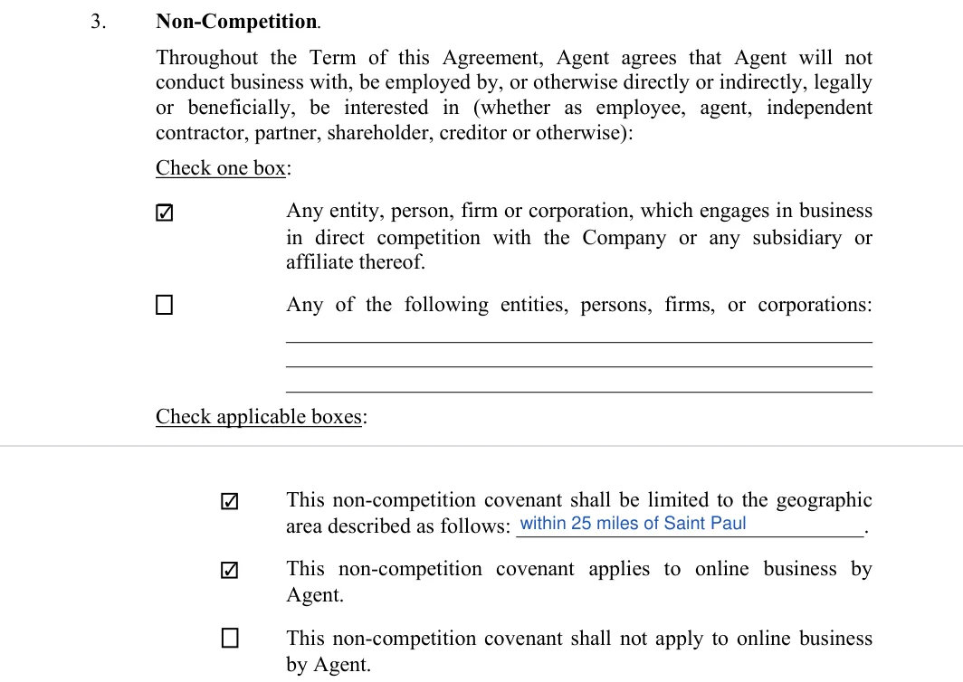 Minnesota non-compete agreement: non-competition boxes and geographic area and online business, filled with sample entries