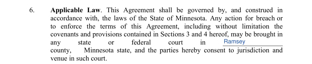 Minnesota non-compete agreement: applicable law and county, filled with sample entries