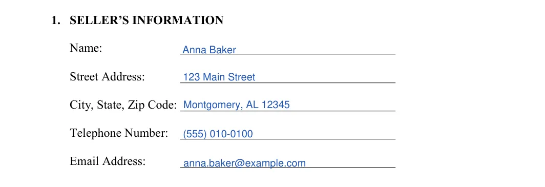Alabama firearm bill of sale: seller's information, filled with sample entries