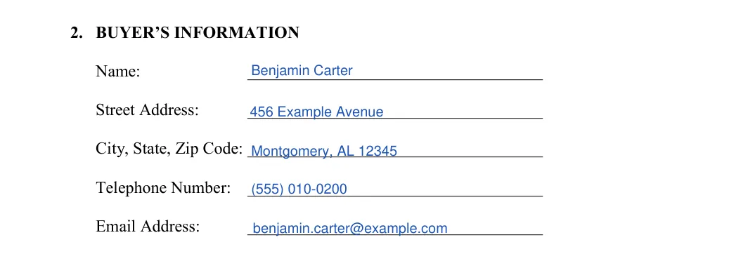 Alabama firearm bill of sale: buyer's information, filled with sample entries