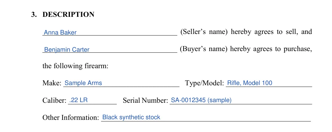 Alabama firearm bill of sale: firearm description, filled with sample entries