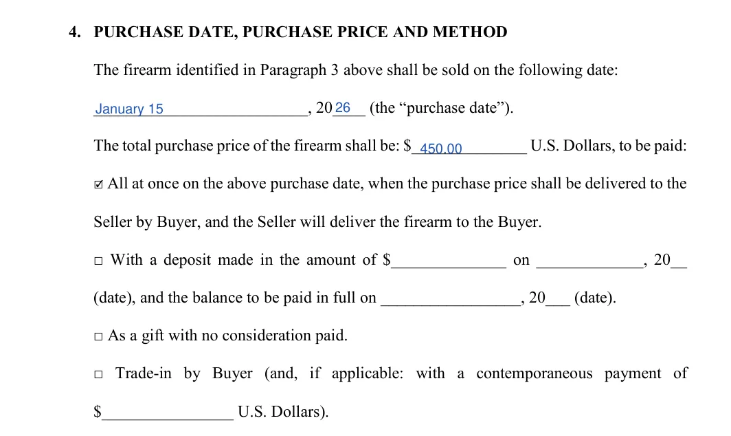 Alabama firearm bill of sale: purchase date and price and how the price is paid, filled with sample entries