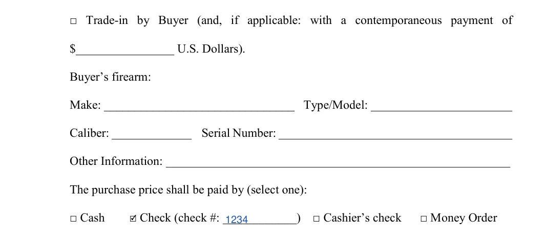 Alabama firearm bill of sale: trade-in, buyer's firearm and payment method, filled with sample entries