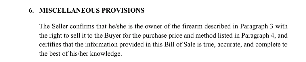 Alabama firearm bill of sale: miscellaneous provisions