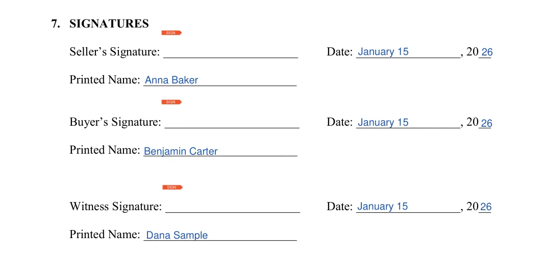 Alabama firearm bill of sale: signatures, filled with sample entries