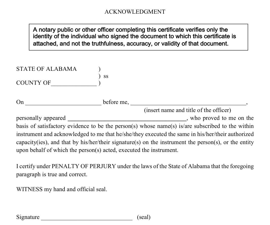Alabama firearm bill of sale: notary acknowledgment