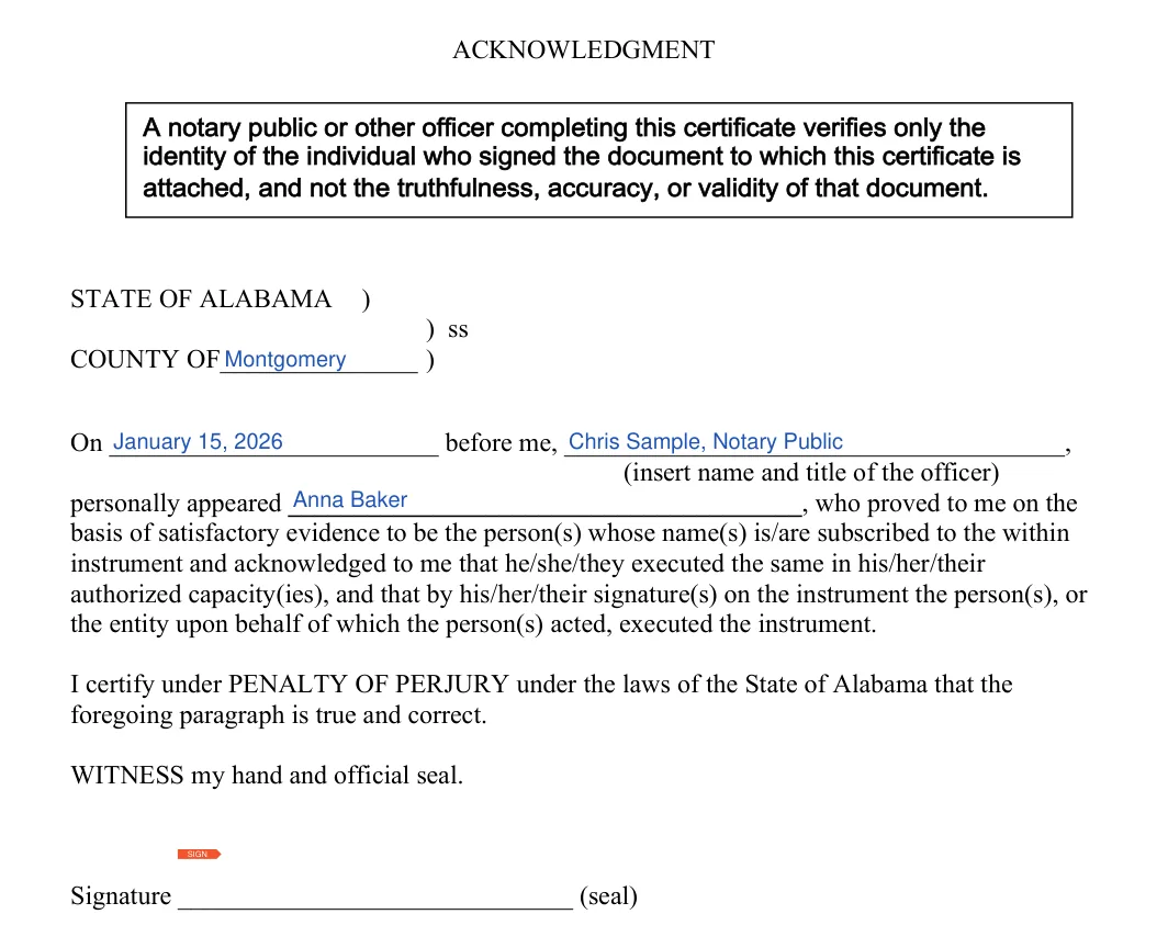 Alabama durable power of attorney: notary acknowledgment, filled with sample entries