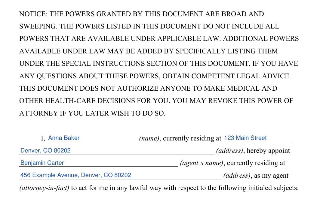 Colorado durable power of attorney: notice and principal and agent, filled with sample entries