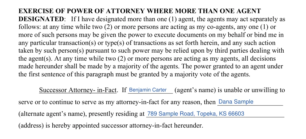 Kansas durable power of attorney: co-agents and successor agent, filled with sample entries