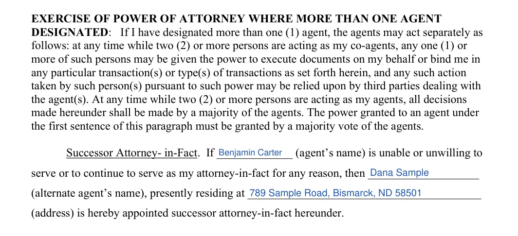 North Dakota durable power of attorney: co-agents and successor agent, filled with sample entries
