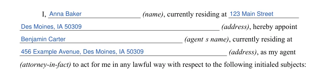 Iowa durable power of attorney: principal and agent, filled with sample entries