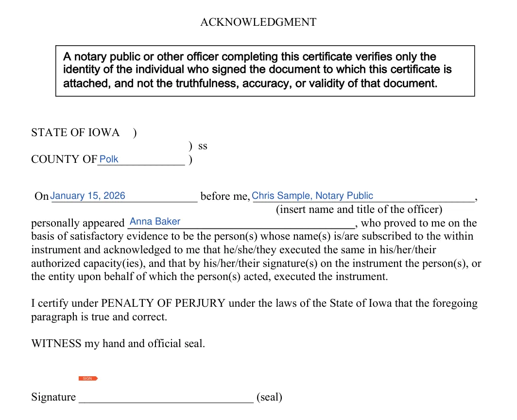 Iowa durable power of attorney: notary acknowledgment, filled with sample entries